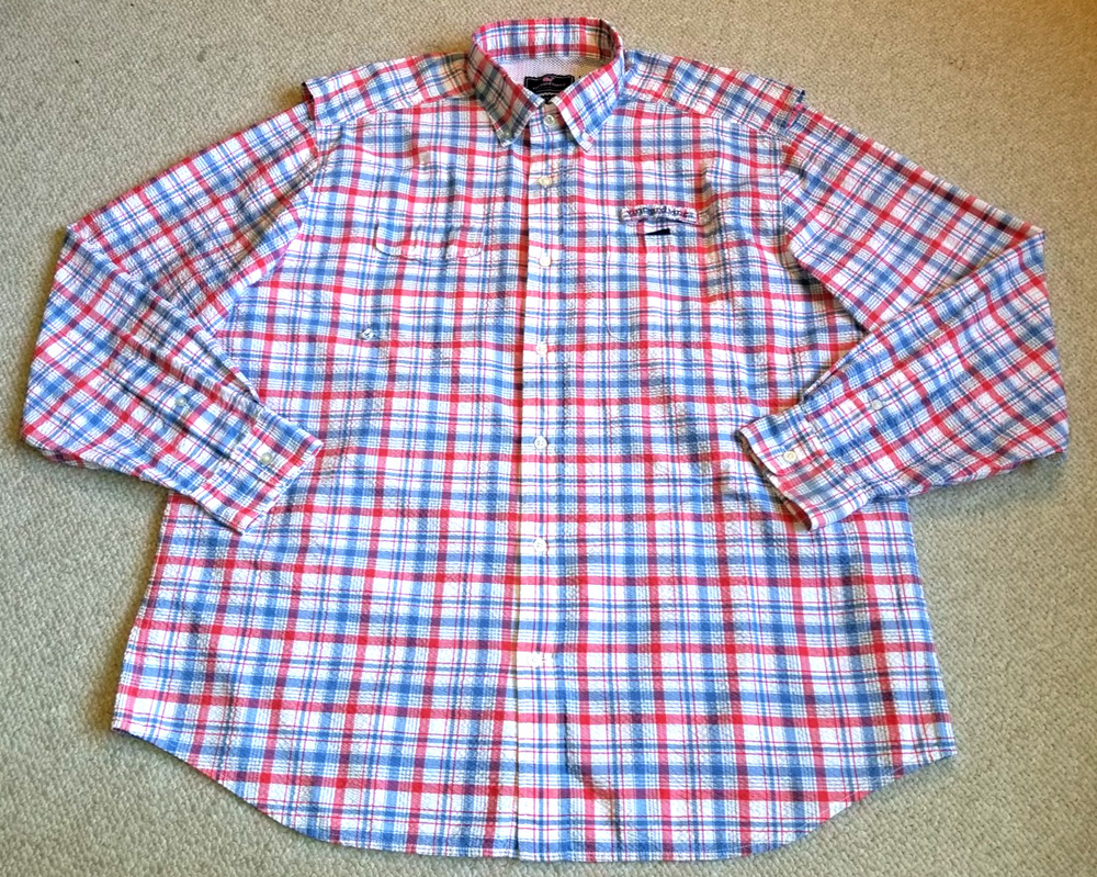 Mens Shirt-VINEYARD VINES-wht/blue/red plaid seersucker 'Harbor Shirt' button-XL